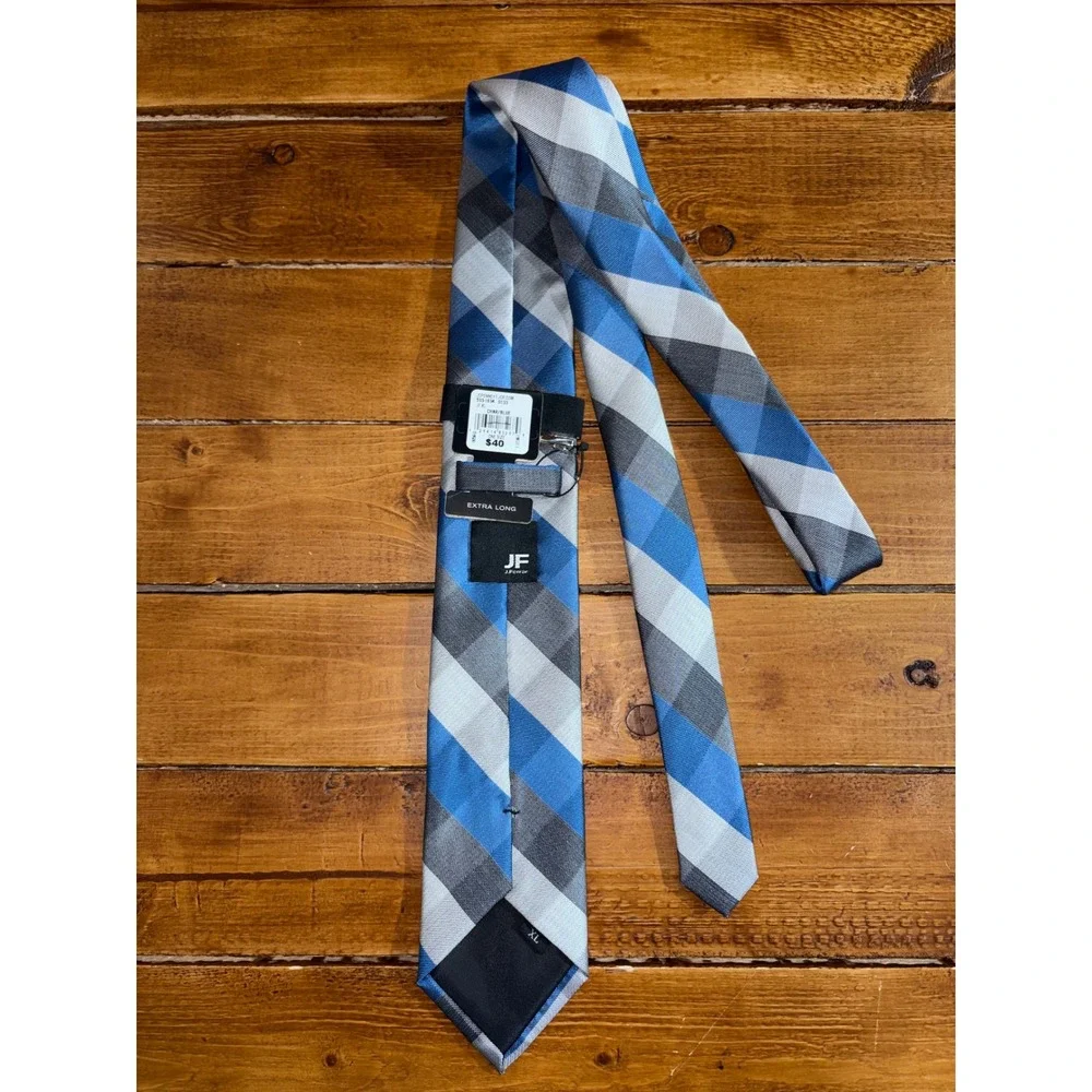 JF J.Ferrar Necktie Mens XL Blue Gray Plaid Extra Long Tie Bar JC Penny‎ NEW